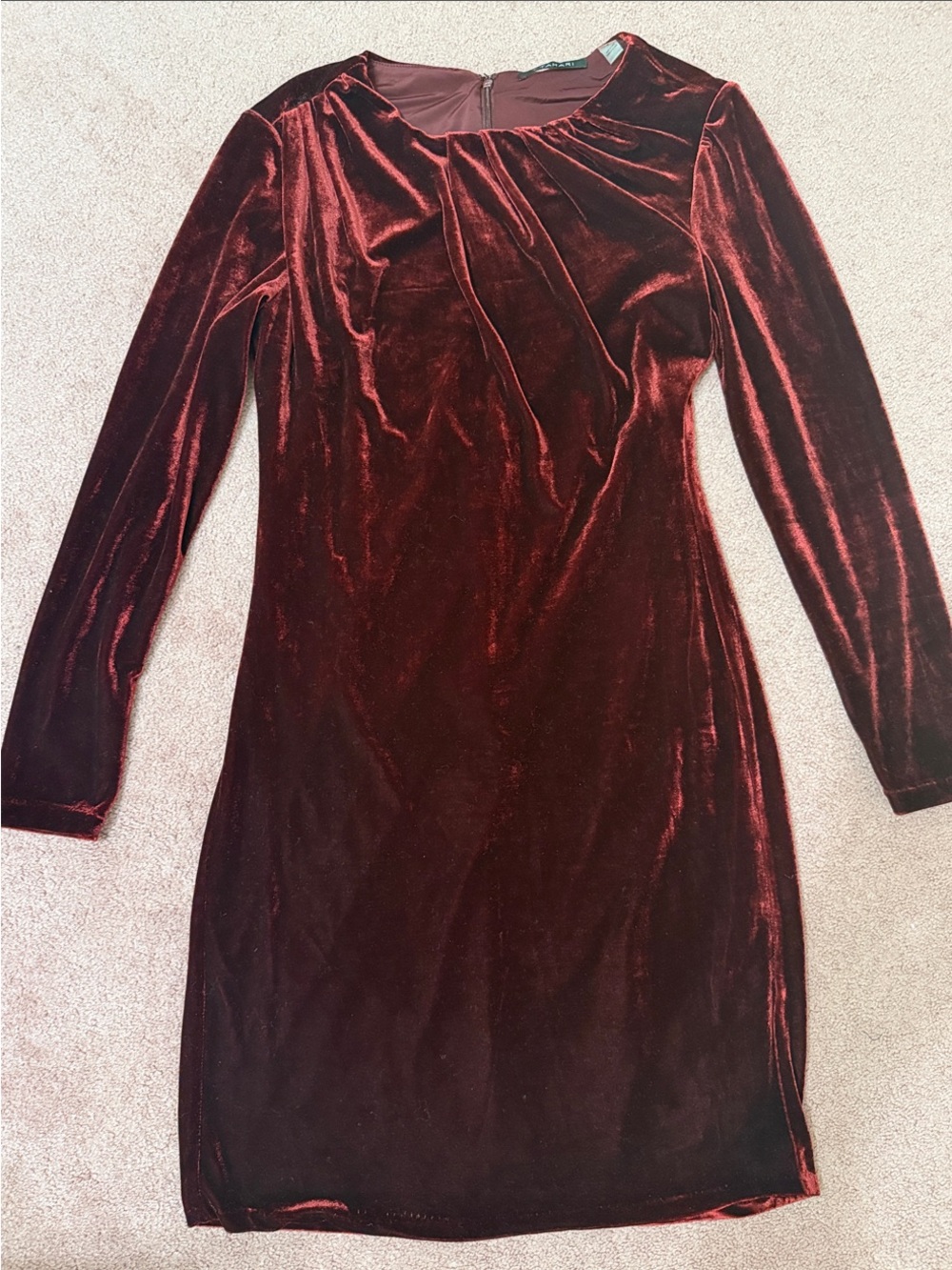 Tahari Long-Sleeve Velvet Sheath Dress in Burgundy - Size 4